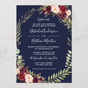 Convite Coroa Floral Aquarela Burgundy Navy Casamento