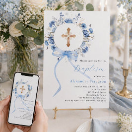 Convite Coroa floral azul arco menino batismo