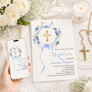 Convite Coroa floral azul arco menino creme batismo