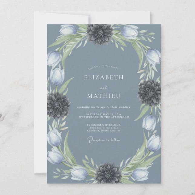 Convite Coroa Floral Azul Ardósia Casamento (Frente)
