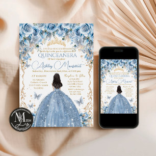 Convite Coroa Floral Azul Bebê e Dourada Quinceañera