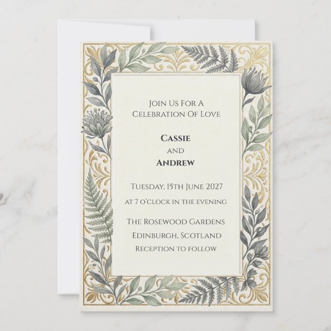 Convite Coroa Floral Azul Dourado Casamento (Frente)