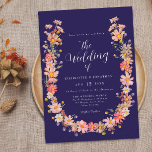 Convite Coroa Floral Azul Marinho Casamento de Outono