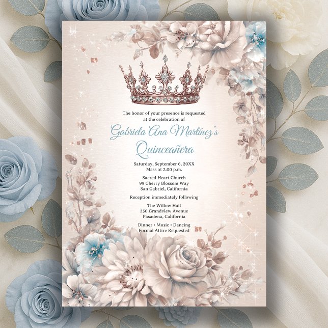 Convite Coroa Floral Azul Prata Quinceañera (Blue Silver Crown Floral Quinceañera Invitation
)