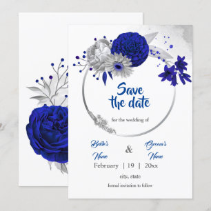 Convite coroa floral azul royal prata salvar a data