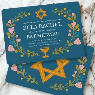 Convite Coroa Floral Bat Mitzvah Desenhada à Mão Personali