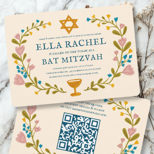 Convite Coroa Floral Bat Mitzvah QRcode personalizado dese