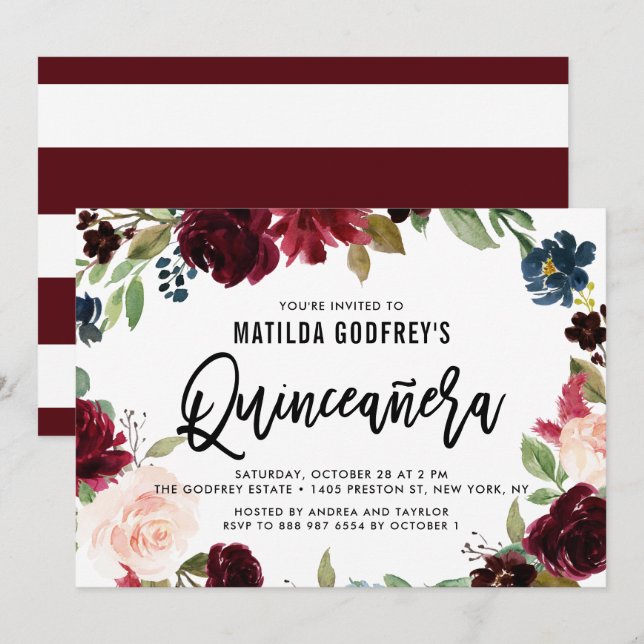 Convite Coroa Floral Boho Borgonha Quinceañera Outono (Frente/Verso)