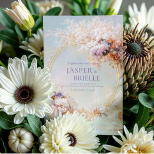 Convite Coroa Floral Boho Moldura Dourada Casamento Elegan