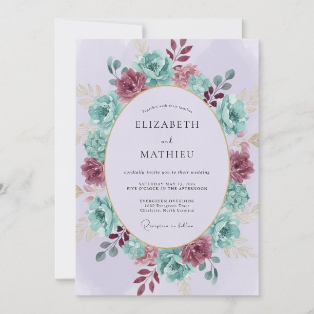 Convite Coroa Floral Borgonha Turquesa Casamento (Frente)