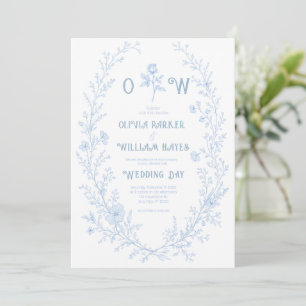 Convite Coroa Floral Botânica de Casamento em Azul Empoeir
