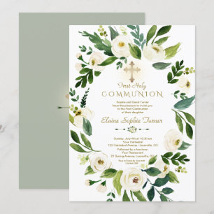 Convite Coroa Floral Branca Elegante Cruz Sagrada Comunhão