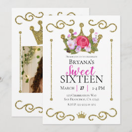 Convite Coroa Floral Brilho Dourado Foto Festa Sweet 16
