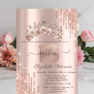 Convite Coroa Floral Brilho Gotas Dourado Rosa 18º 