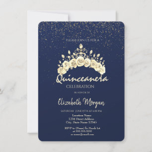 Convite Coroa Floral Chic Azul Marinho Dourado Quinceañera