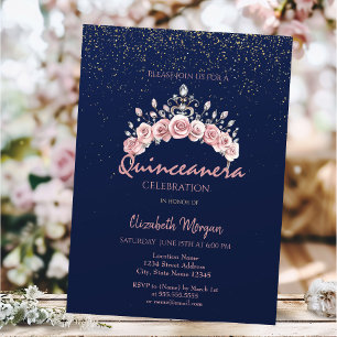 Convite Coroa Floral Chic Azul Marinho Quinceañera