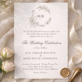 Convite Coroa Floral Clássica com Monograma de Casamento