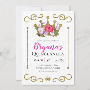 Convite Coroa Floral com Purpurina Dourada para Festa de Q
