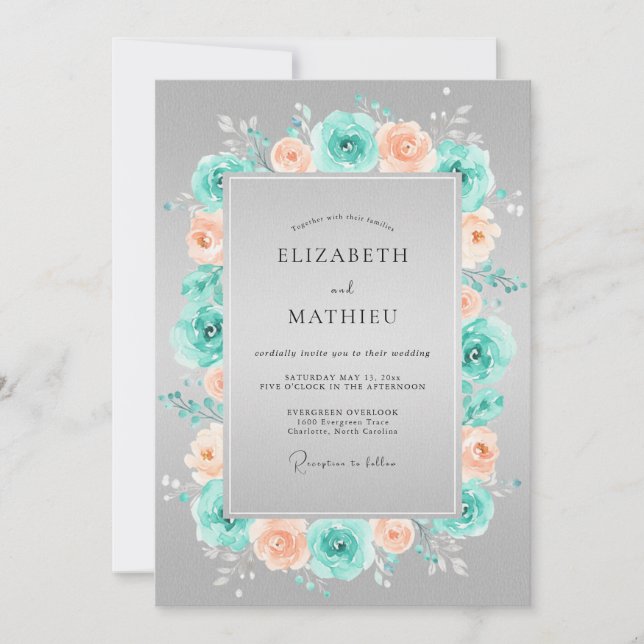 Convite Coroa Floral Coral Teal Casamento (Frente)