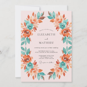 Convite Coroa Floral Coral Turquesa Casamento