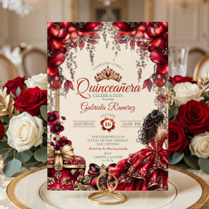 Convite Coroa Floral Creme e Vermelho Dourado Quinceañera