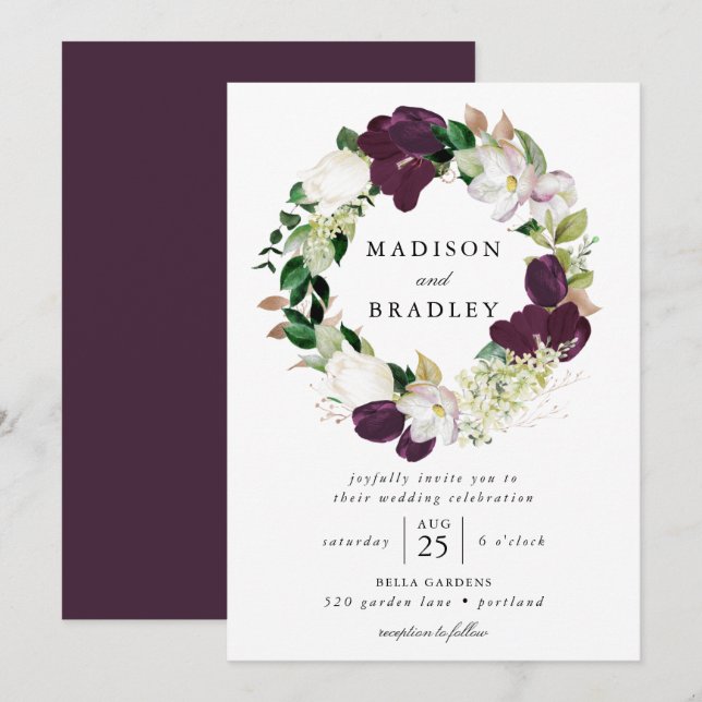 Convite Coroa Floral de Ameixa Escura | Casamento (Frente/Verso)