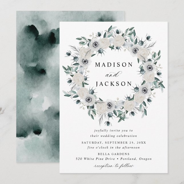 Convite Coroa Floral de Anêmonas Brancas e Rosas para Casa (Frente/Verso)