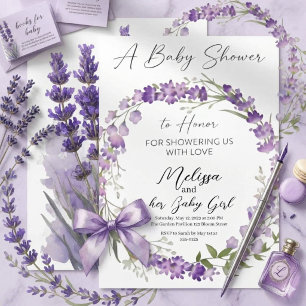 Convite coroa floral de aquarela Lavanda Baby Shower 