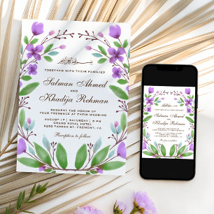 Convite Coroa Floral de Aquarela Roxa Casamento Islâmico