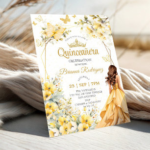 Convite Coroa Floral de Borboleta Tiara Dourada Amarela Qu