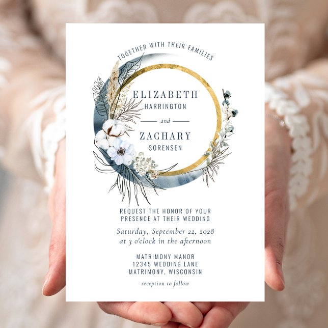 Convite Coroa Floral de Casamento Boho Blue Moon (Criador carregado)