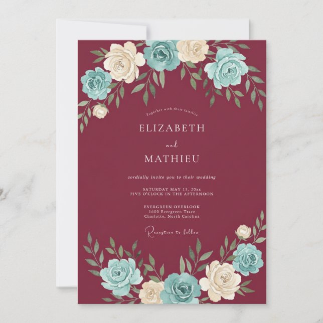 Convite Coroa Floral de Casamento em Borgonha (Frente)