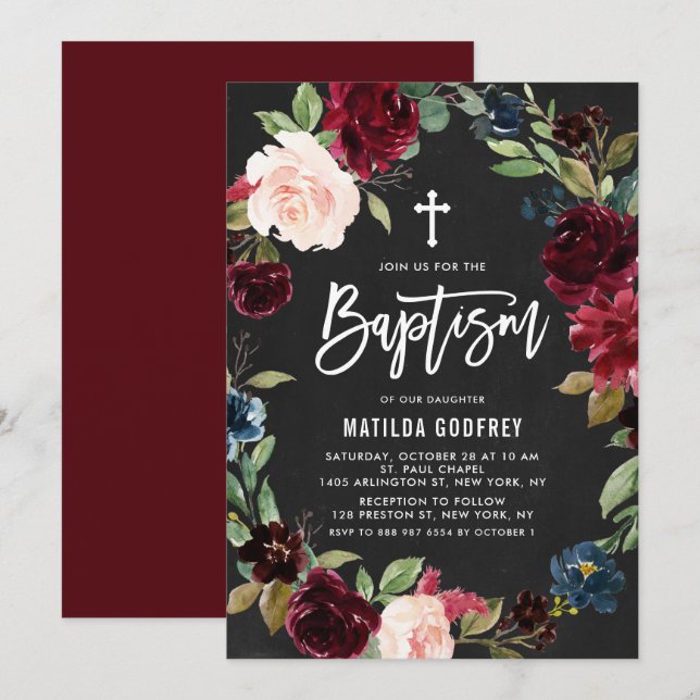 Convite Coroa Floral de Giz Burgundy Boho Batismo (Frente/Verso)