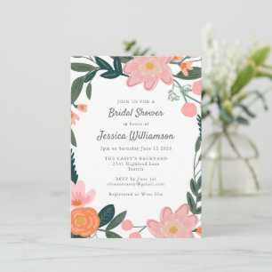 Convite Coroa Floral de Jardim Rosa e Laranja Chá de Noiva