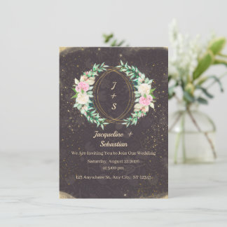 Convite Coroa Floral de Noiva com Brilho Dourado