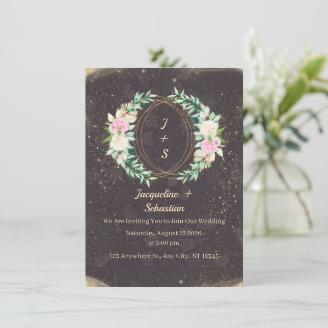 Convite Coroa Floral de Noiva com Brilho Dourado (Em pé/Frente)