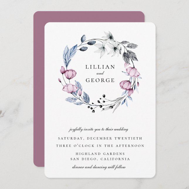 Convite Coroa Floral de Noiva em Azul Empoeirado e Roxo (Frente/Verso)