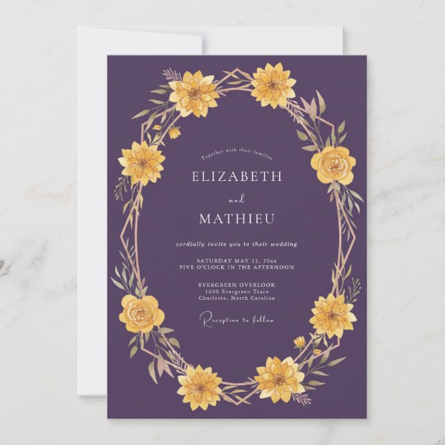 Convite Coroa Floral de Noiva em Dourado Roxo Casamento (Frente)