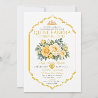 Convite Coroa Floral de Ouro Amarelo QuinceañeraPrincesa