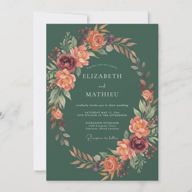 Convite Coroa Floral de Outono em Borgonha para Casamento (Frente)