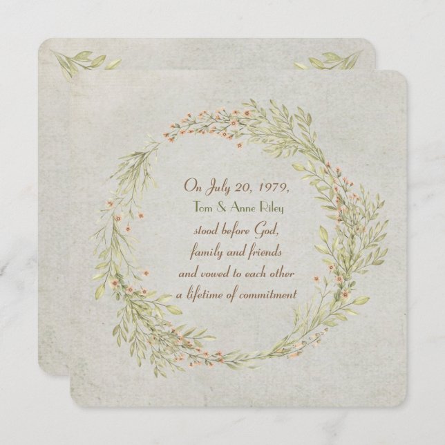 Convite coroa floral de pêssego e folhas verdes Renovação  (Frente/Verso)