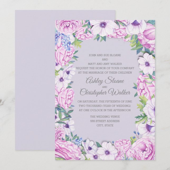 Convite Coroa Floral de Ranúnculo Roxo Anemone Casamento (Frente/Verso)