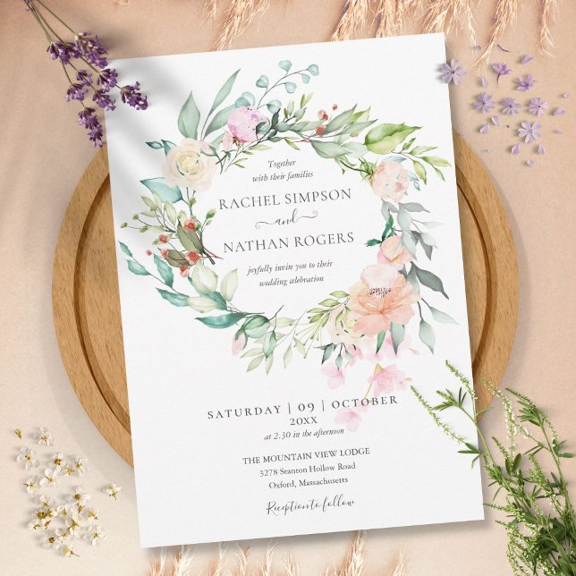 Convite Coroa Floral de Rosas para Casamento (Roses Greenery Floral Wreath Wedding Invitation)
