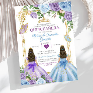 Convite Coroa Floral Dourada Roxa e Azul Quinceañera Gêmea