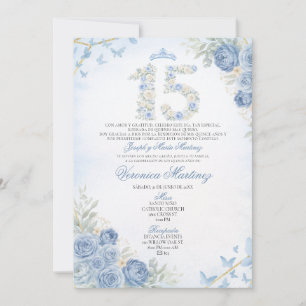 Convite Coroa Floral Dusty Blue Espanhola Borboleta 15 Ano
