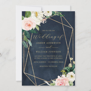 Convite Coroa Floral Geo Rosa Bege Marinho Casamento