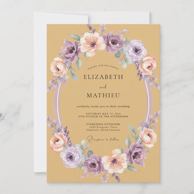 Convite Coroa Floral Ocre Romance Casamento (Frente)