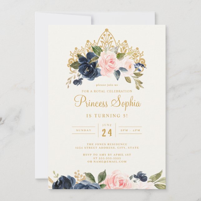 Convite Coroa Floral Princesa Blush Navy Aniversário (Frente)