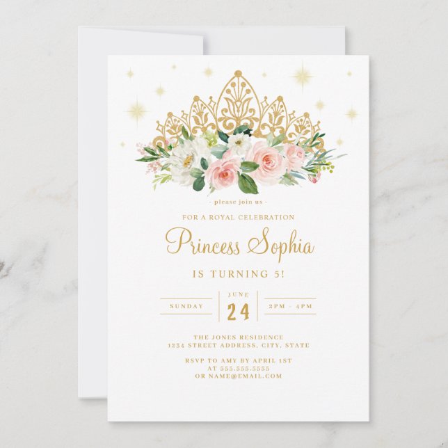 Convite Coroa Floral Princesa Brilho Rosa Dourado Aniversá (Frente)