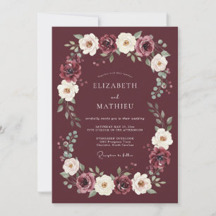 Convite Coroa Floral Romântica Borgonha Casamento